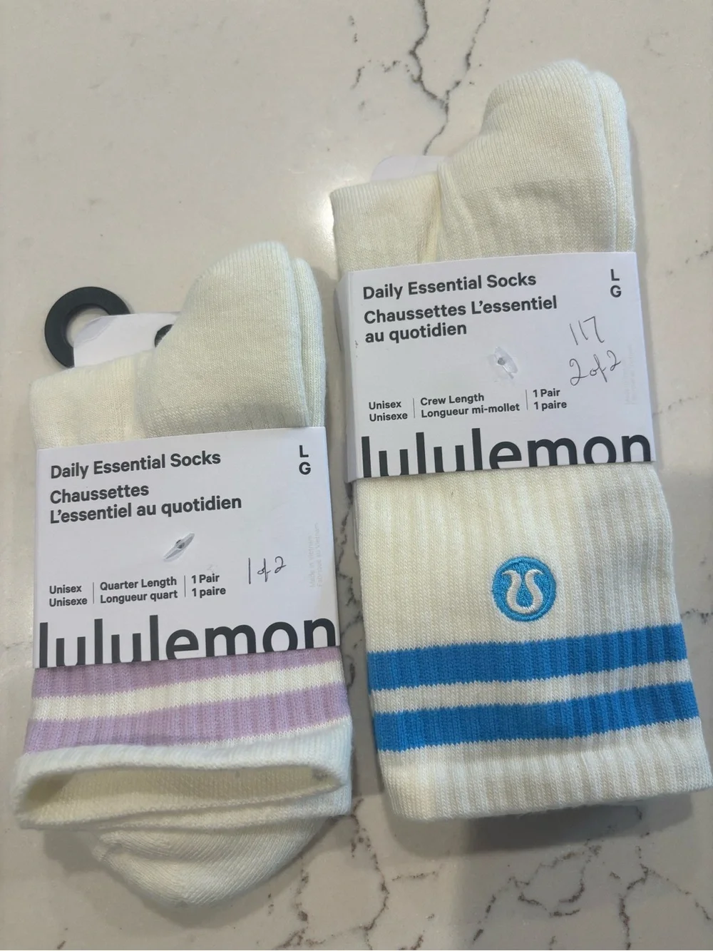 SET (2) Lululemon Daily Essential Socks w/ Stripes, Large,Ocean Wave & Lilac NWT